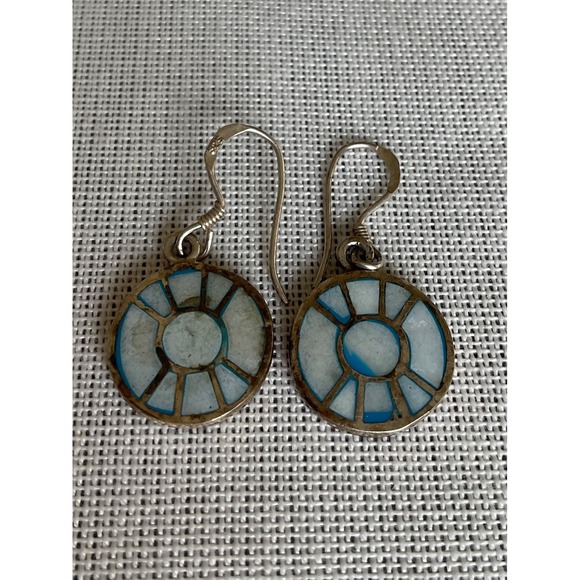 Vintage 925 Sterling Silver Gemstone inlay round circle dangle earrings Estate - Picture 5 of 5